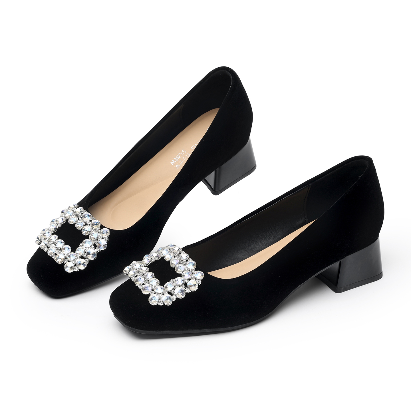 Leather Work Women Shoes - Rhinestone Square Buckle Chunky Heel Women's