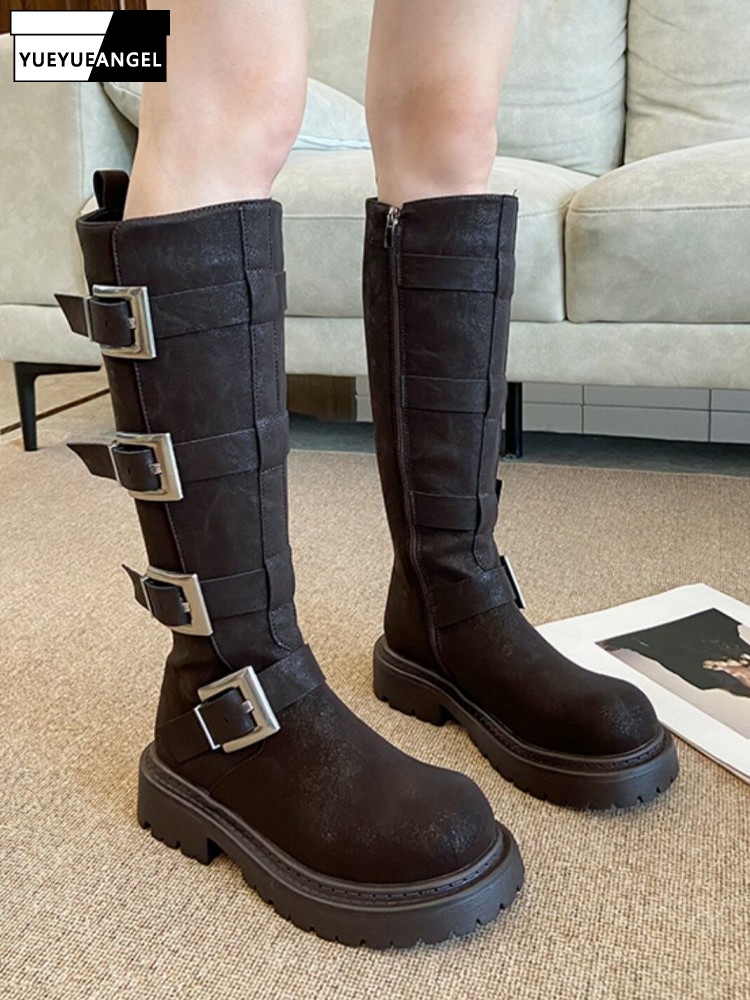 Leather Work Women Shoes - Fashion Women Multi Buckle Knee High